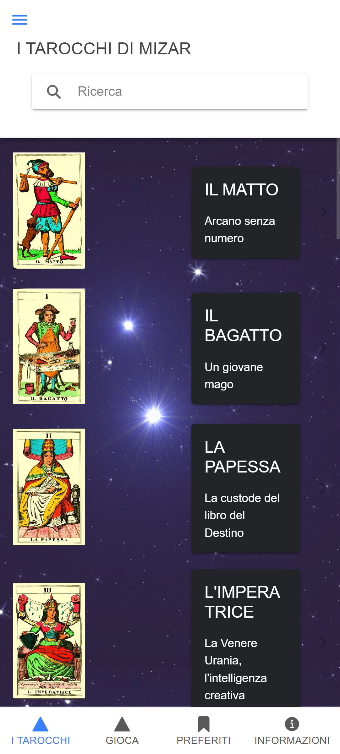 screenshot app i Tarocchi di Mizar